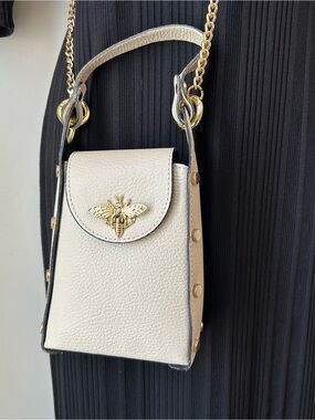 Italian Leather Bee Crossbody Bag with Gold Chain Cottagecore Lux